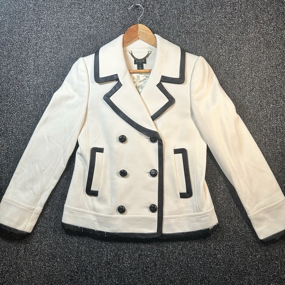 J.Crew Womens Cream Wool Blend Pea Coat Black Faux Leather Trim Size 2